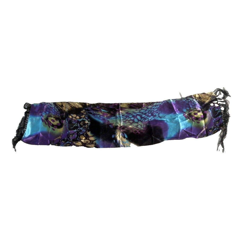 100% Silk Purple Black Beige Blue Teal Rectangle Fringed Scarf 10.25X43 Inches